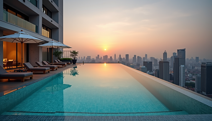 Eye-level view of a luxury hotel rooftop pool overlooking Bangkok skyline at sunset