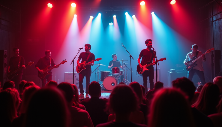High angle view of a lively bar stage with a rock band performing
