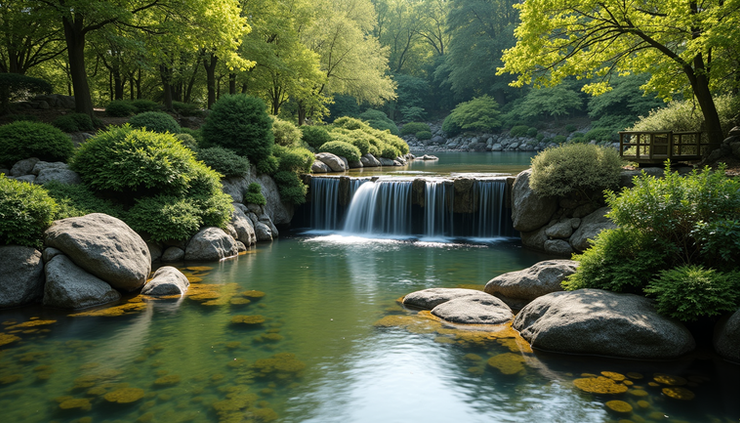 High angle view of a peaceful Japanese garden with a pond and waterfall