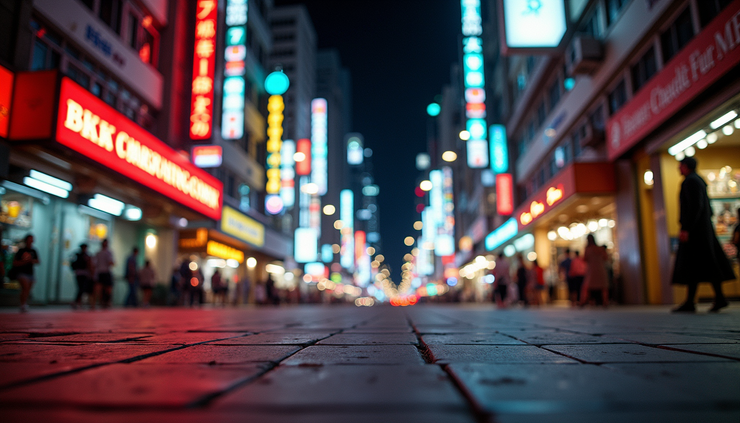 Eye-level view of Lan Kwai Fong street with colorful lights and nightlife
