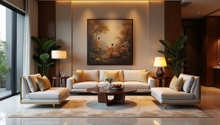 High angle view of a luxury hotel lobby with Thai art and elegant furnishings