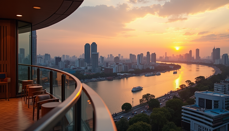 Eye-level view of a luxury hotel overlooking the Chao Phraya River at sunset