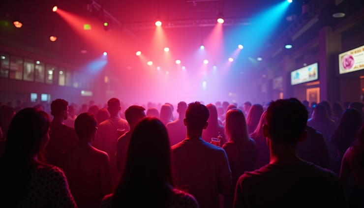 Eye-level view of a crowded nightclub bar with colorful lighting