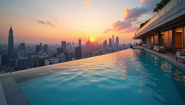 High angle view of a rooftop infinity pool overlooking a city skyline at sunset