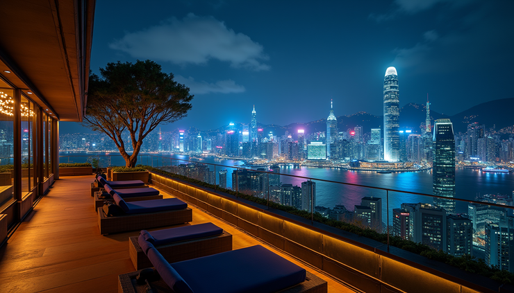 High angle view of a rooftop nightclub with city skyline at night