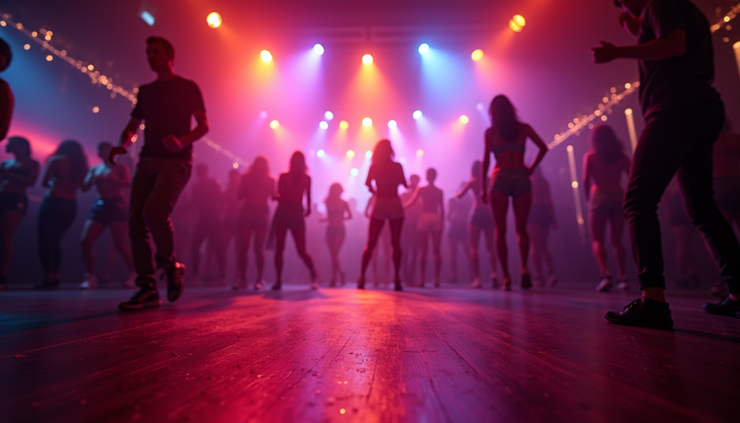 Eye-level view of a vibrant nightclub dance floor with colorful lights