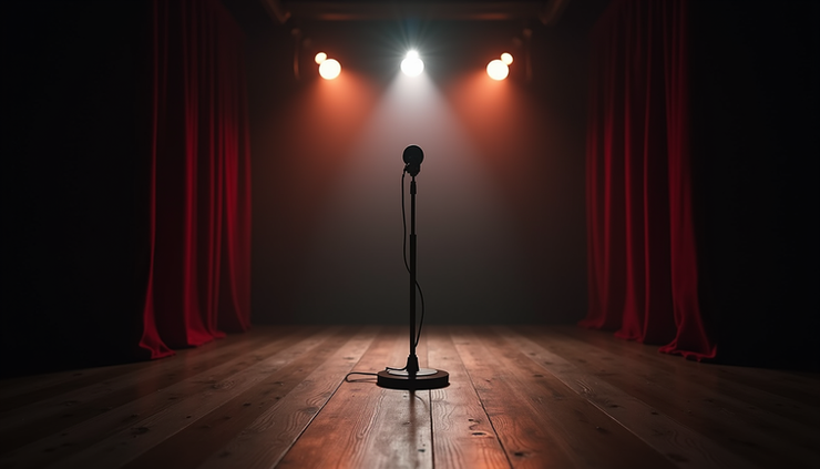 Eye-level view of a cozy comedy club stage with microphone and spotlight