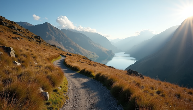 Wide angle view of a scenic hiking trail in the Lake District with mountains and lake