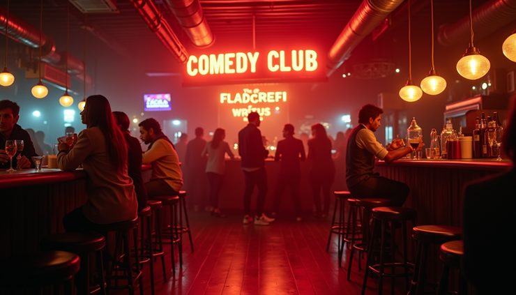 Eye-level view of a comedy club bar area with patrons enjoying drinks before a show