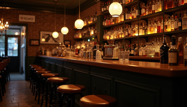 Eye-level view of a dimly lit cocktail bar with vintage decor and a long wooden counter