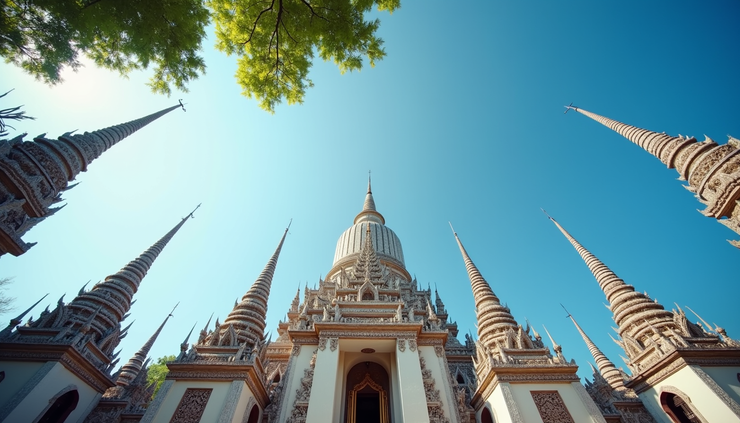 Eye-level view of Wat Arun temple with its towering spires against a clear sky