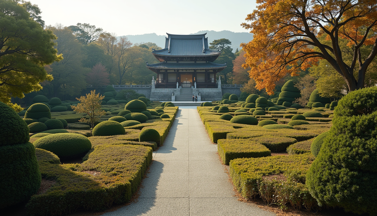 High angle view of the Imperial Palace East Gardens with seasonal greenery