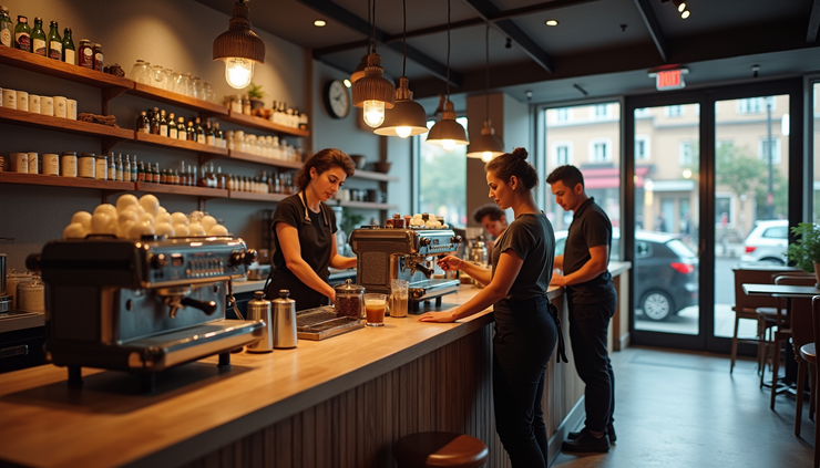High angle view of a modern coffee bar with baristas preparing espresso drinks