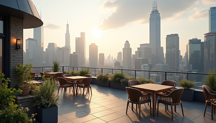 High angle view of a rooftop terrace with seating and city skyline in the background