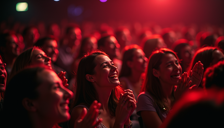 High angle view of a packed comedy club audience enjoying a stand-up show