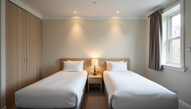 Eye-level view of a budget hotel room with twin beds and simple decor in London