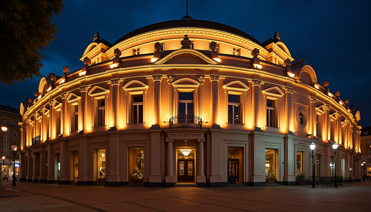 Eye-level view of the illuminated facade of the Royal Opera House in Covent Garden