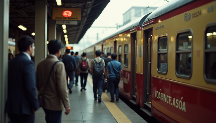 Eye-level view of a traditional Thai train station with passengers boarding
