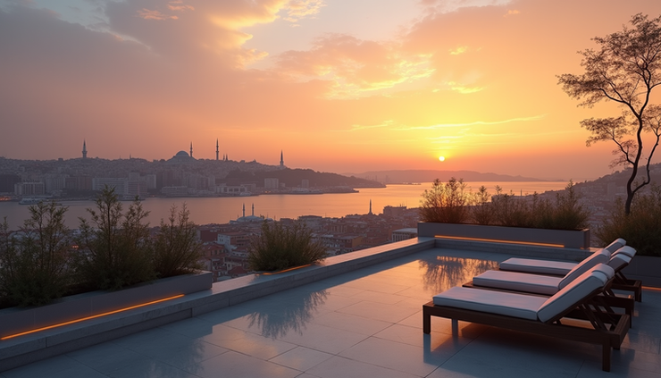 High angle view of a rooftop terrace overlooking Istanbul skyline at sunset