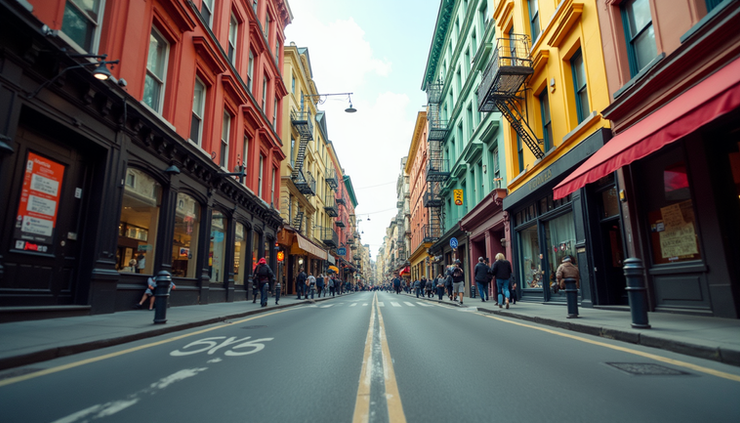 Eye-level view of a stylish Soho street with colorful shopfronts and pedestrians