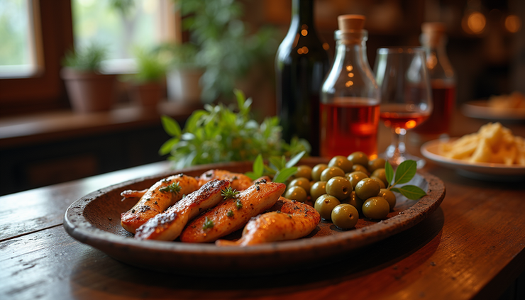 High angle view of a rustic tapas platter with olives, anchovies, and vermouth