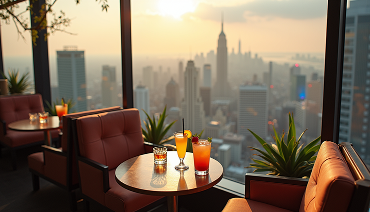 High angle view of a rooftop bar with panoramic city views and colorful cocktails on tables