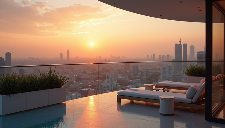 Eye-level view of luxury hotel rooftop terrace with city skyline and sunset