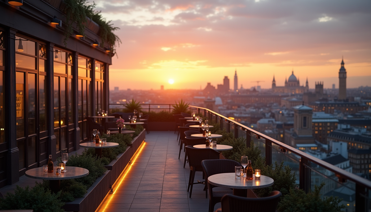 Eye-level view of a rooftop bar terrace overlooking London skyline at sunset