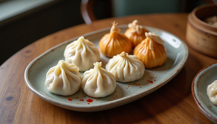 High angle view of a dim sum platter with various steamed dumplings and buns