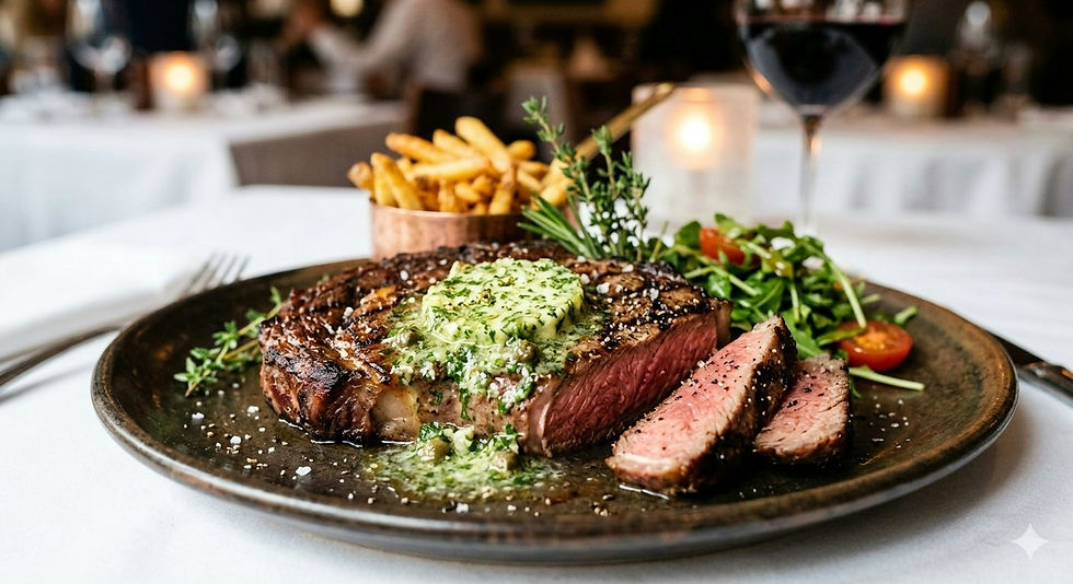Plated steak with herb butter, fries and salad on a restaurant table, with candlelight and wine glasses in the background.