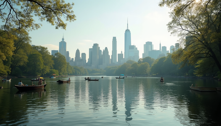 Eye-level view of Central Park’s lake with rowboats and city skyline in the background