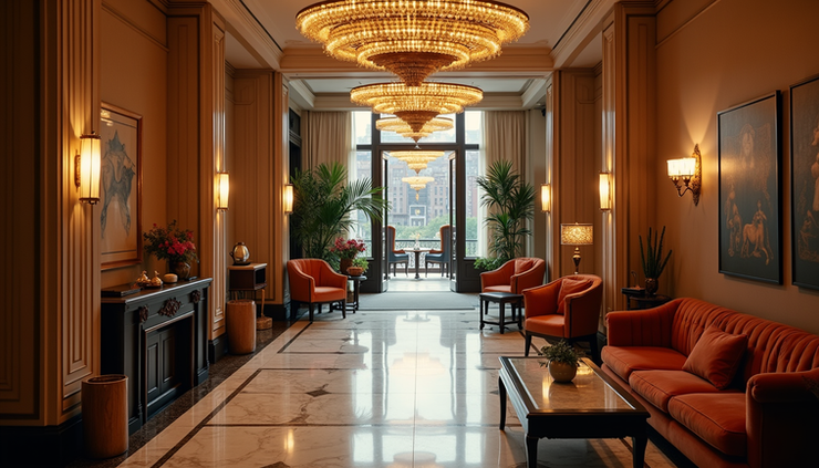 High angle view of the luxurious lobby at The Carlyle Hotel in NYC