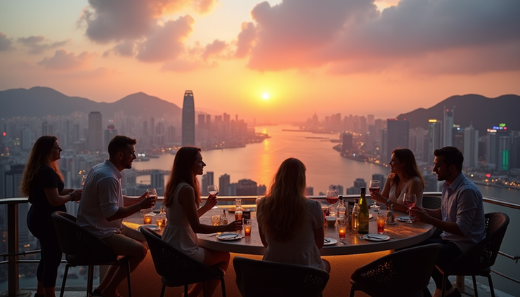 High angle view of a rooftop bar overlooking Victoria Harbour at sunset