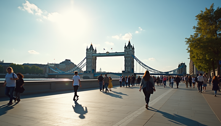 Eye-level view of tourists walking along the River Thames with Tower Bridge in the background