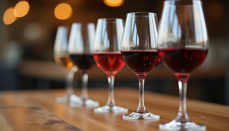 High angle view of a wine tasting flight with four glasses of different wines
