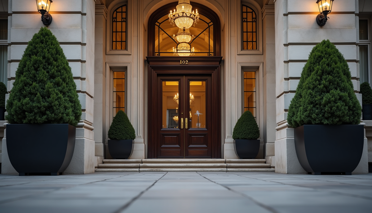 Eye-level view of the grand entrance of a historic London hotel with classic architecture