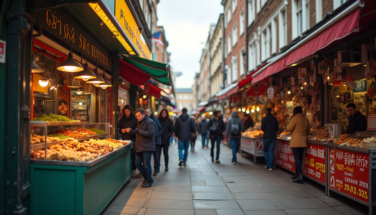 Eye-level view of a bustling London street food market with colorful food stalls