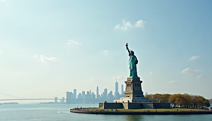 Eye-level view of the Statue of Liberty with Manhattan skyline in the background