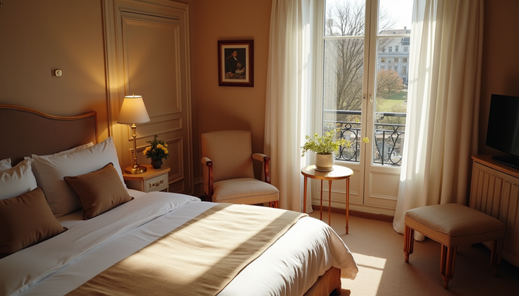 High angle view of a cozy hotel room with Parisian decor