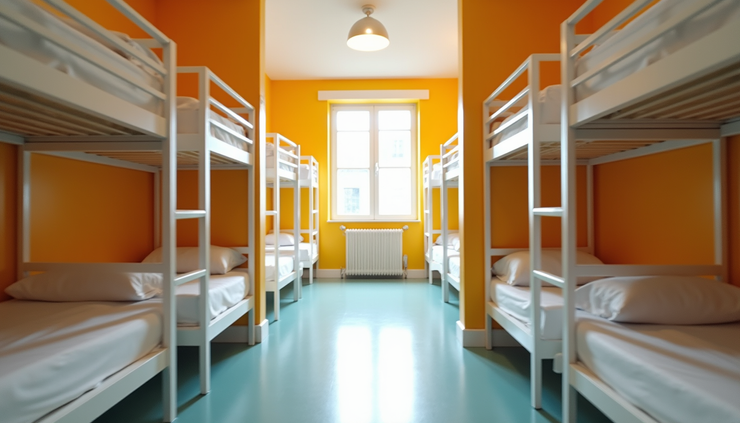 High angle view of a hostel dorm room with bunk beds and bright decor