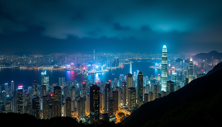 Wide angle view of Hong Kong skyline at night with illuminated skyscrapers