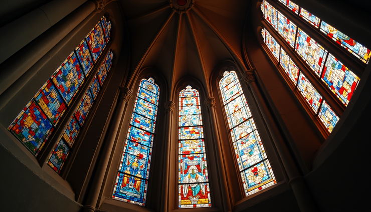 High angle view of Sainte-Chapelle stained glass windows inside the chapel
