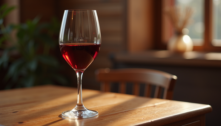 Close-up view of a wine glass filled with red wine on a wooden table