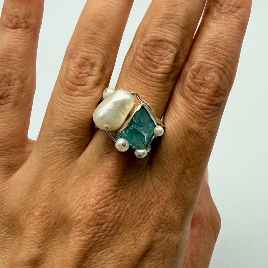 Rough Aquamarine and Pearl Ring
