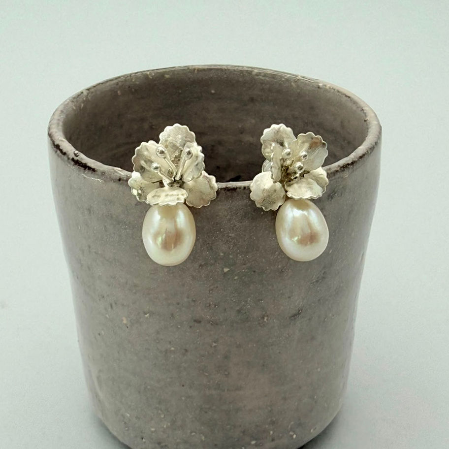 Flower and Pearl Stud Earrings