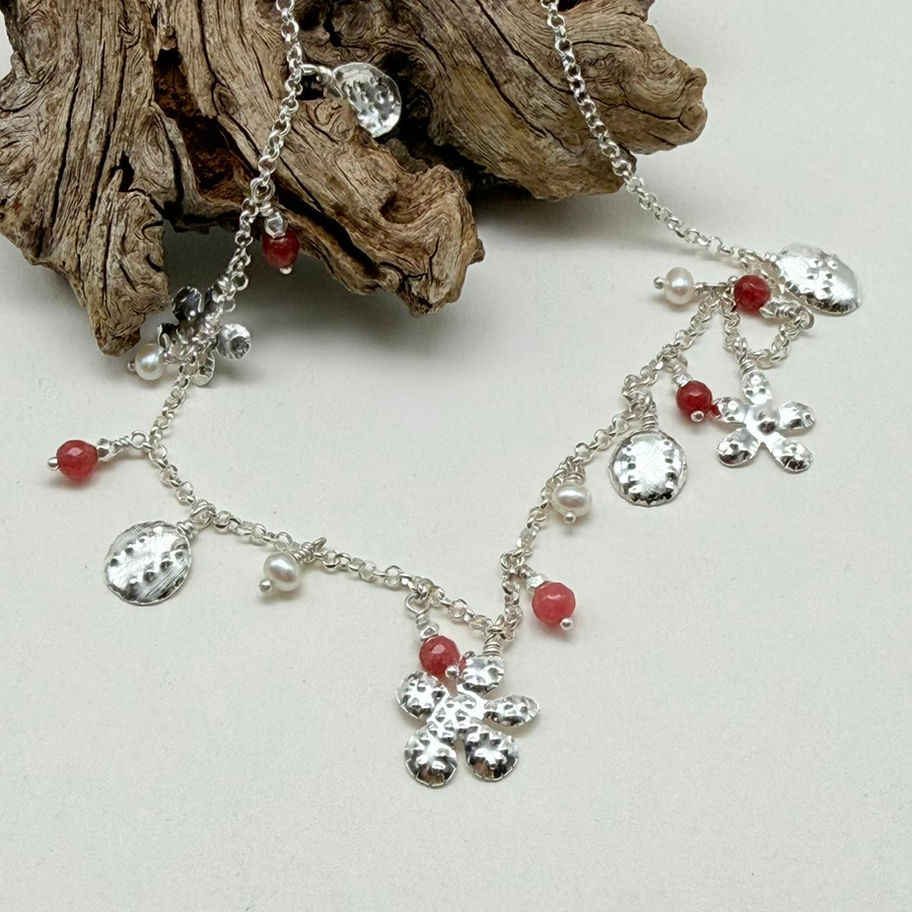 Flower and Ruby Bead Necklace
