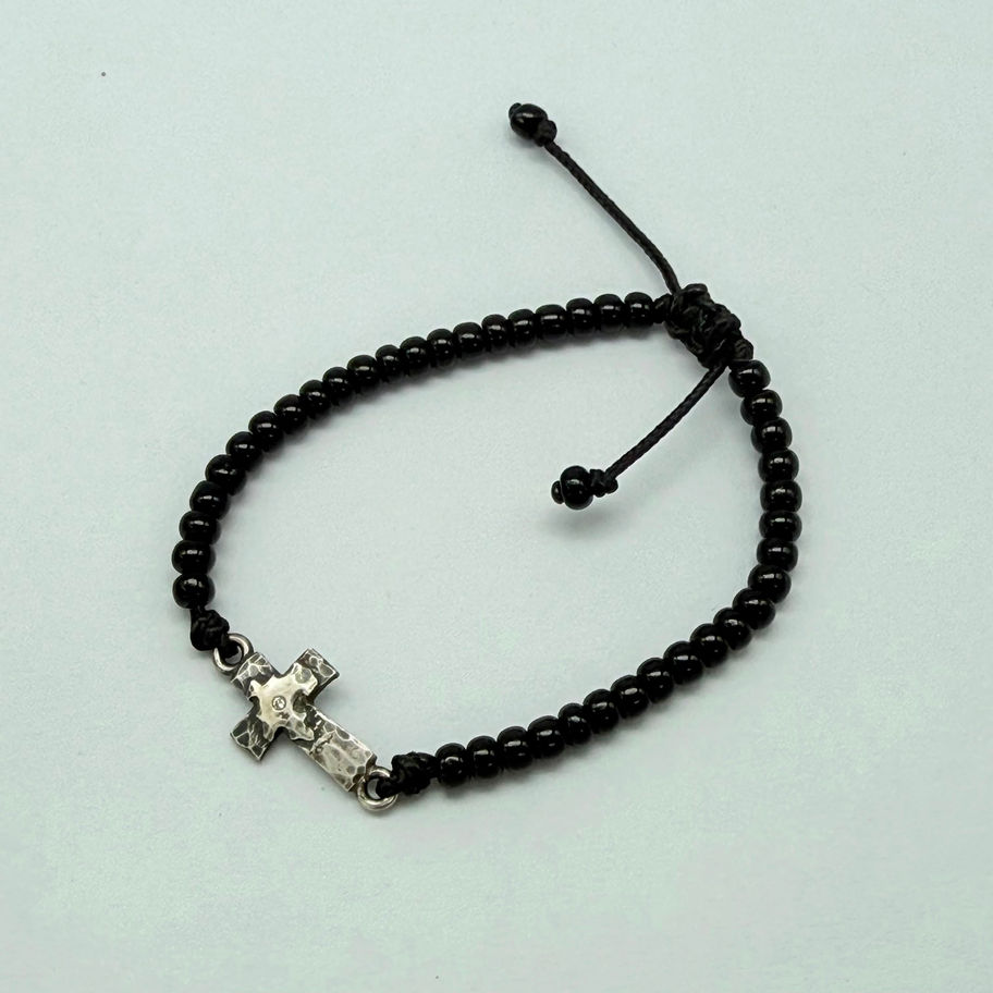 Oxidised Diamond Cross Bracelet on Microcord and Onyx Beads