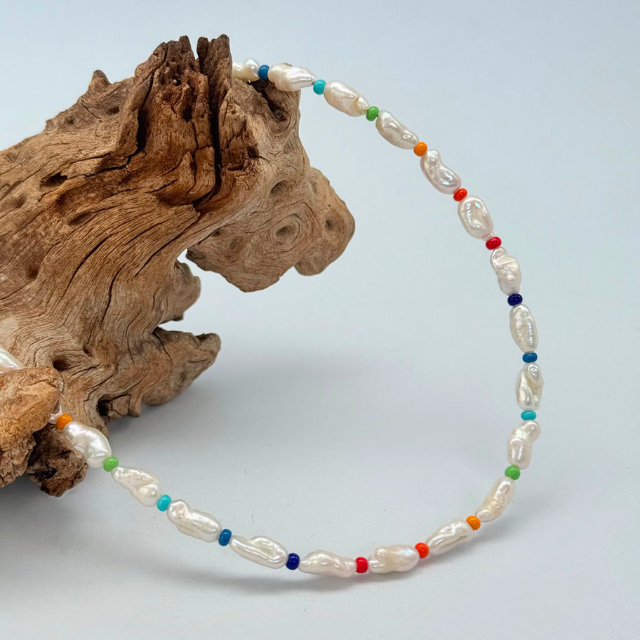 Seed Pearl and Rainbow Czech Glass Bead Necklace