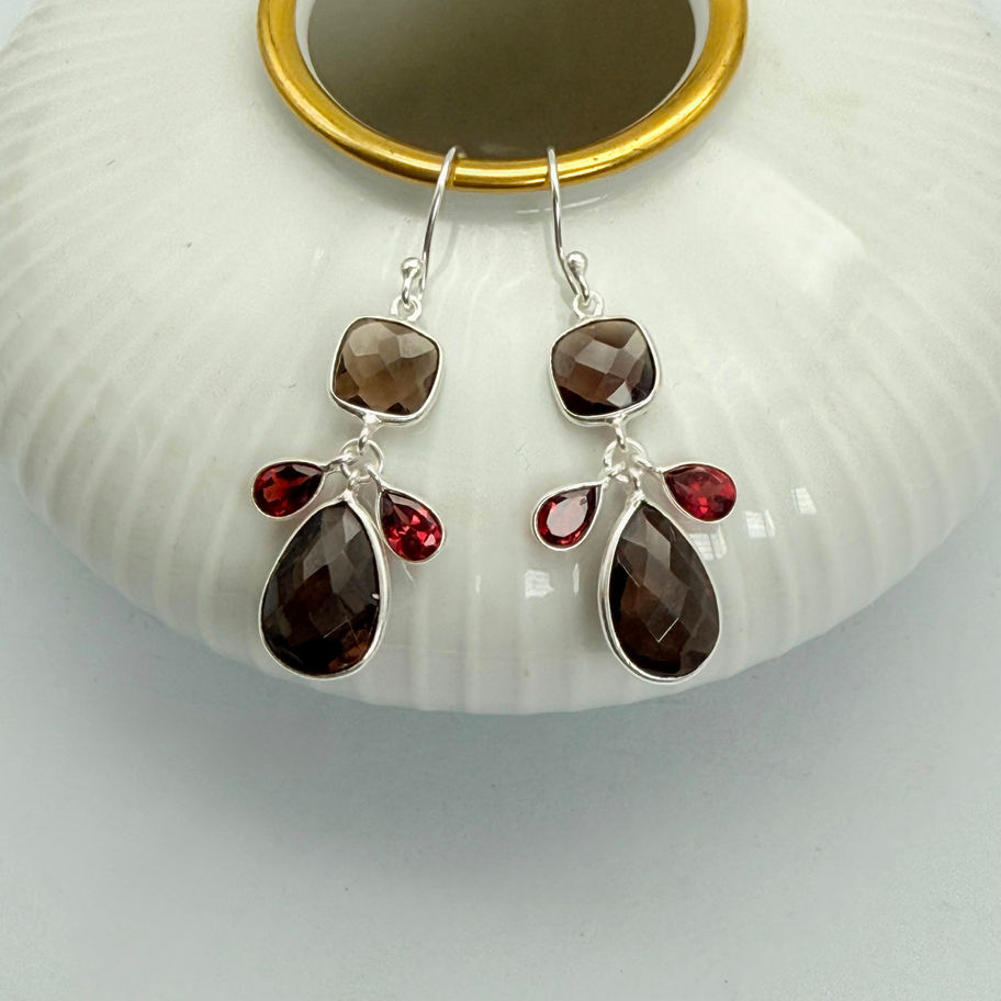 Smokey Quartz and Garnet Earrings