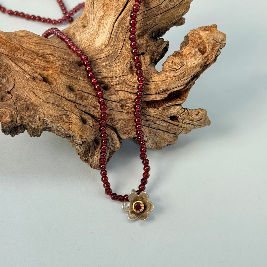 Garnet Bead Necklace with Flower Pendant